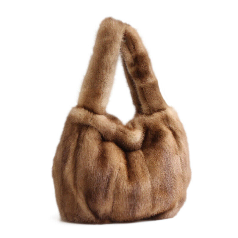 Womens Real Fur Handbag Full-pelt Mink Fur Tote Bag Genuine Sheep Leather Bottom