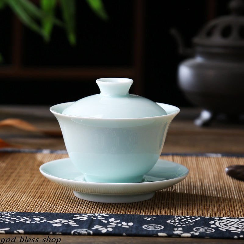 Jingdezhen Porcelain Gaiwan Celadon Tureen Covered Bowl With Lid Cup Saucer New