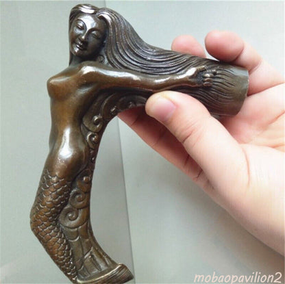 Collect Old Brass Auspicious Hand Carved Mermaid Statue Walking Stick Cane Head