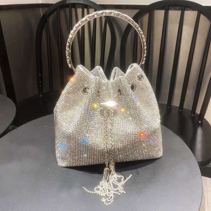 Tassel Evening Clutch Bag Women Crystal Bucket Purse Bridal Wedding Party