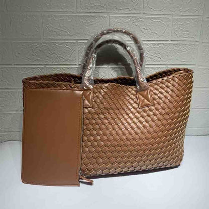 Tote Synthetic Leather Knitting Shoulder Shopper Bag Woven Large Purse Black 1PC