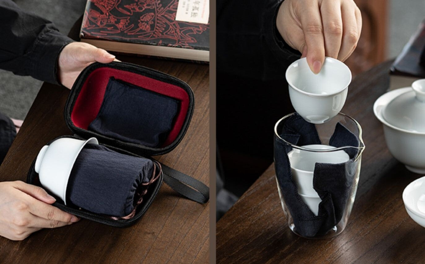 Travel Tea Set Porcelain Gaiwan Matching Tea Cups Glass Pitcher Portable Bag New