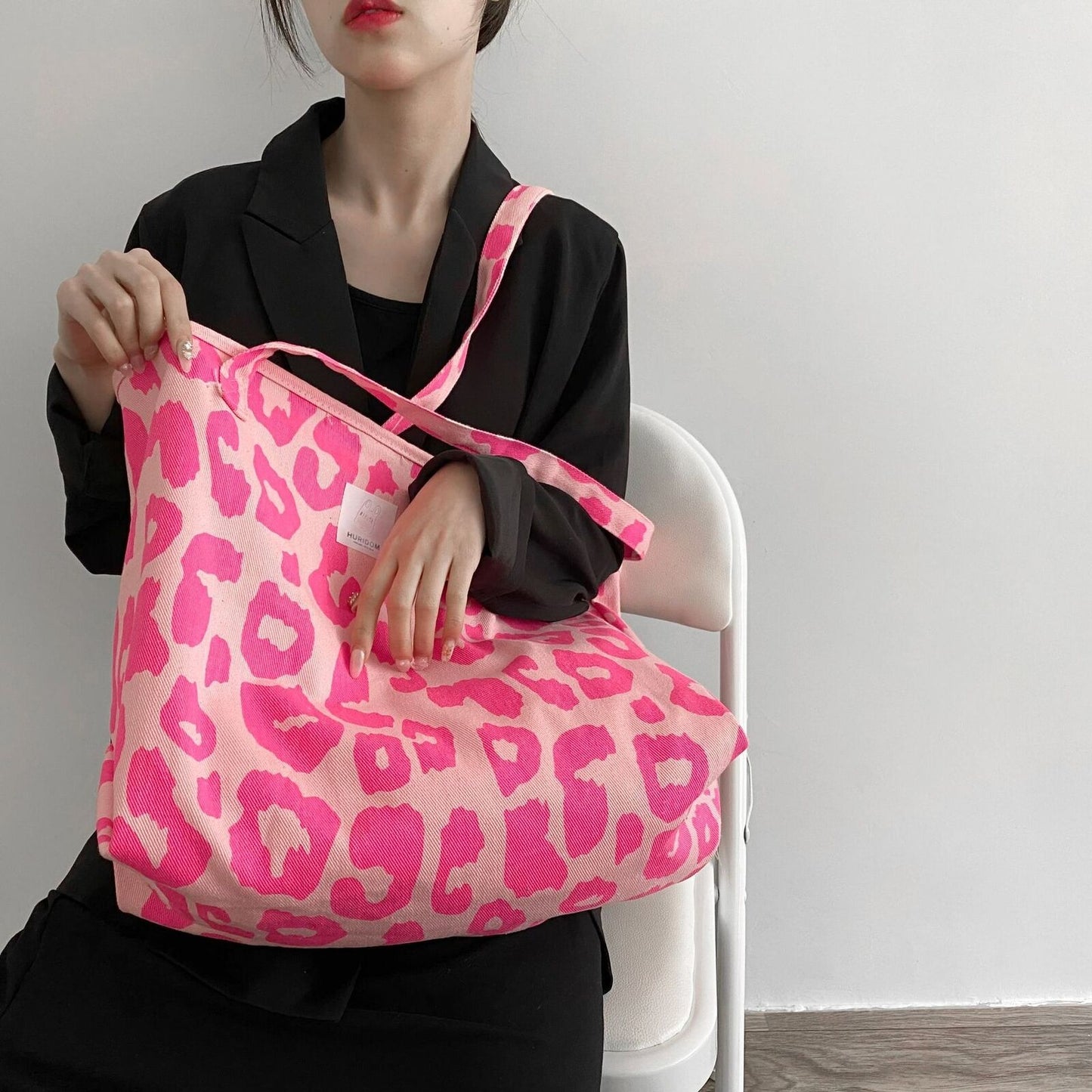 Pink Leopard Print Shoulder Bag Large Capacity Casual Cute Canvas Bucket Handbag