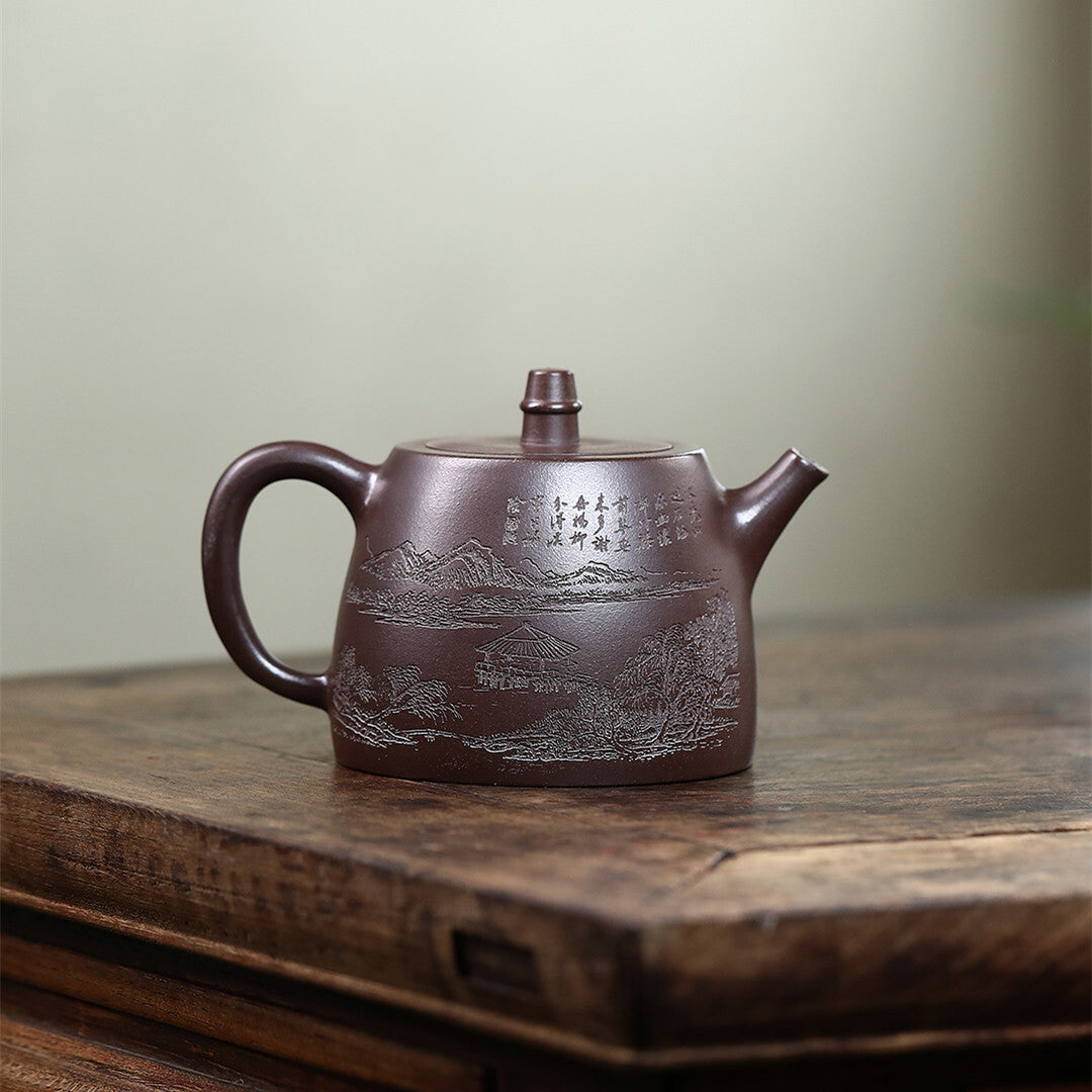 Handmade Tea Pot Marked 9 Infuser Holes Mountain Engraved Yixing Zisha Clay Pot