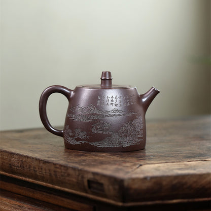 Handmade Tea Pot Marked 9 Infuser Holes Mountain Engraved Yixing Zisha Clay Pot
