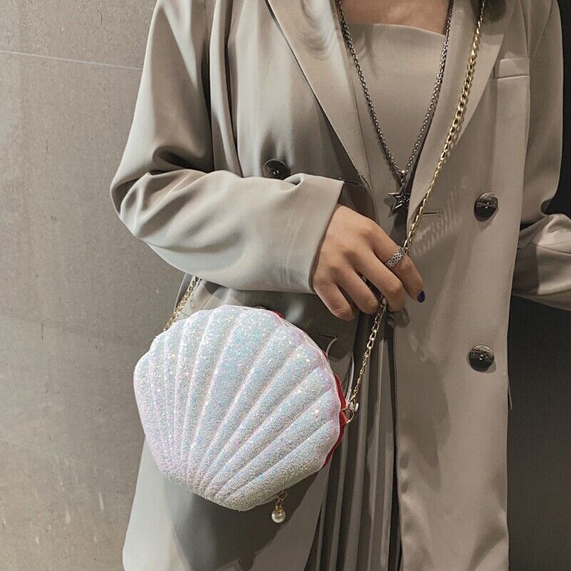 Women Girls Little Mermaid Seashell Purse -Body Shoulder Bags Sequins Chain Puf