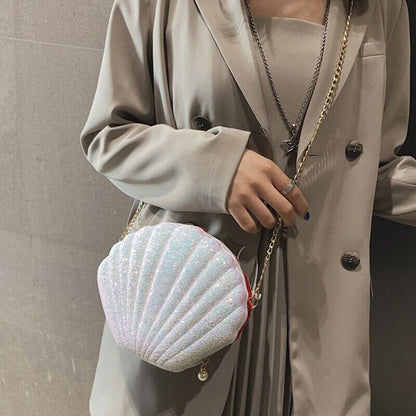 Women Girls Little Mermaid Seashell Purse -Body Shoulder Bags Sequins Chain Puf