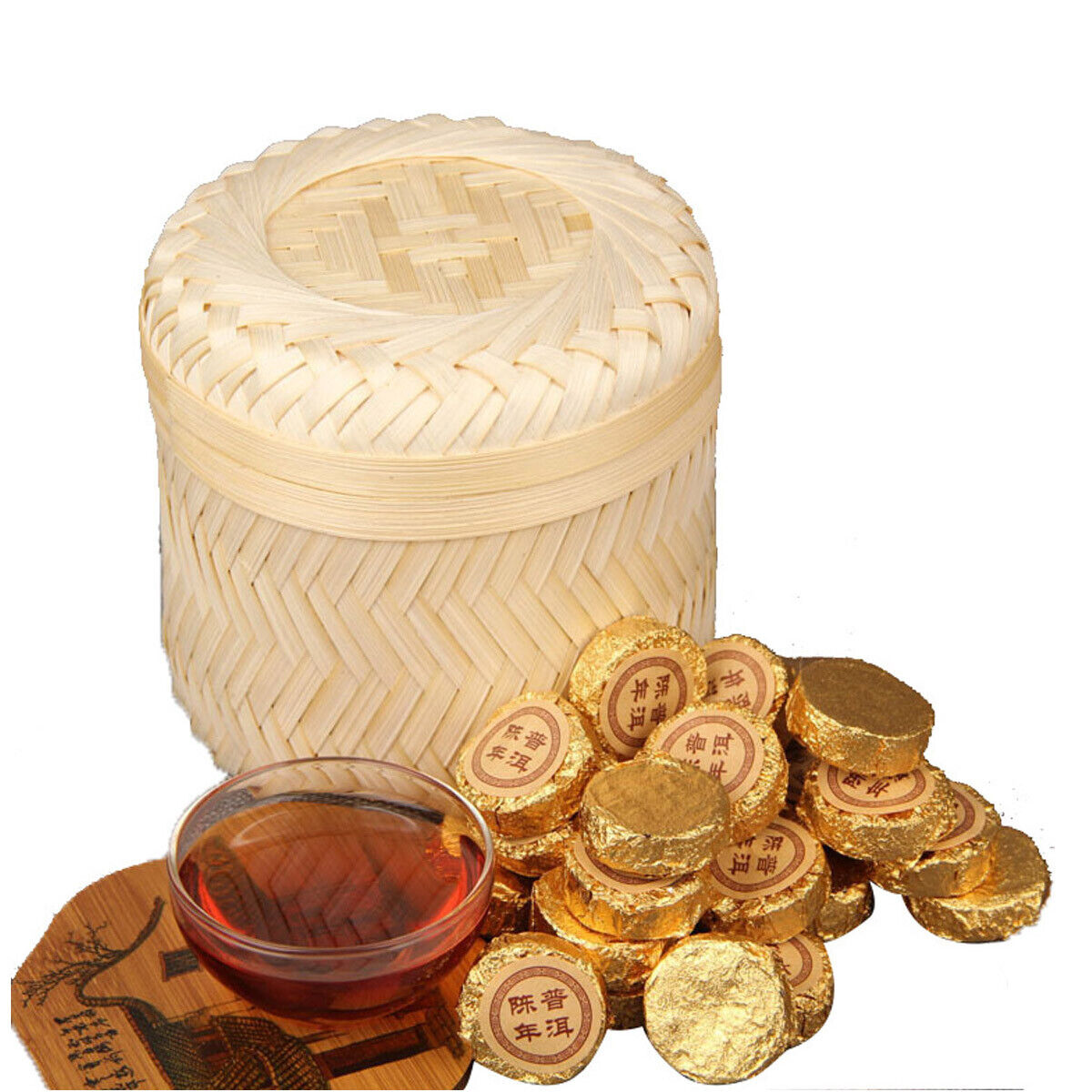 500g Small Golden Cake Premium Bamboo Basket Ripe Puer High Quality Puerh Tea