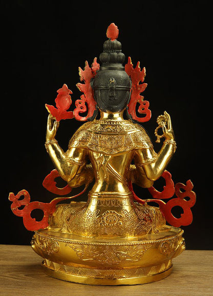 8" Chenrezig Kwan-yin 4 Arms Guanyin Divinity Buddha Statue Pure Bronze Gilt