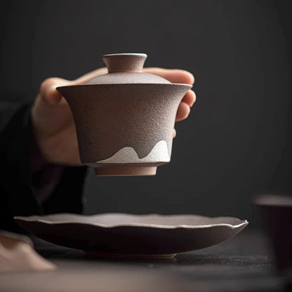 Coarse Pottery Ceramic Gaiwan with 999 Gilt Silver HandPainting Mountain 170ml