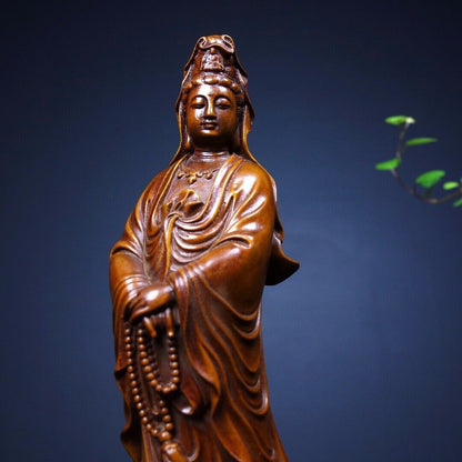 Old Chinese Boxwood Wood hand Carved lotus Guanyin Buddha exquisite Statue