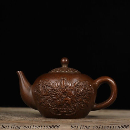 5.6" Chinese Ancient Bronze Dragon Phoenix Kirin Bat Tea Makers Tea Pot Statue