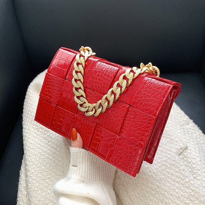 Pattern Pu Leather Bag Women Gold Chain Woven Square Bag Evening Party Clutch