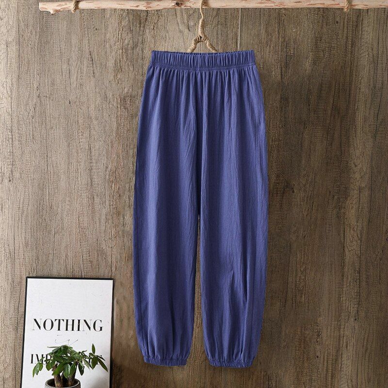 Pants Women Casual Cotton Linen Elastic Waist Solid Basic Retro Loose Trousers