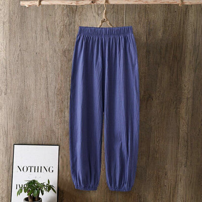 Pants Women Casual Cotton Linen Elastic Waist Solid Basic Retro Loose Trousers