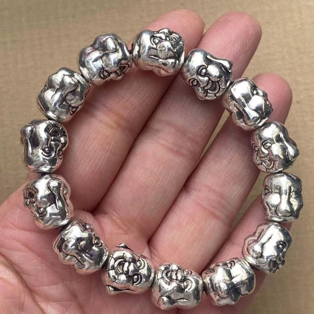 Old tibet silver handmade Double sided Buddha head Elasticity Bracelet