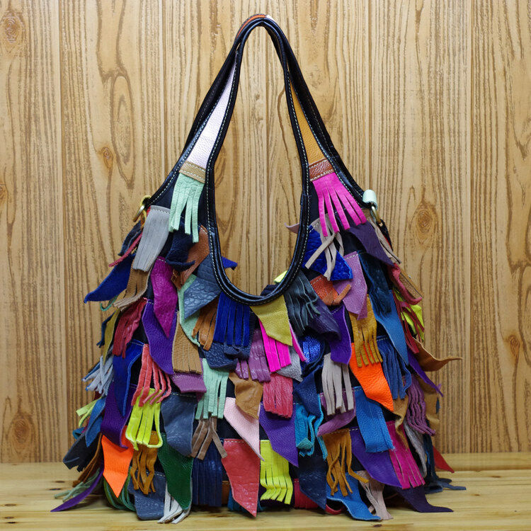 Designer Genuine Leather Colorful Tassel Handbag Underarm bag Women Shoulder Bag