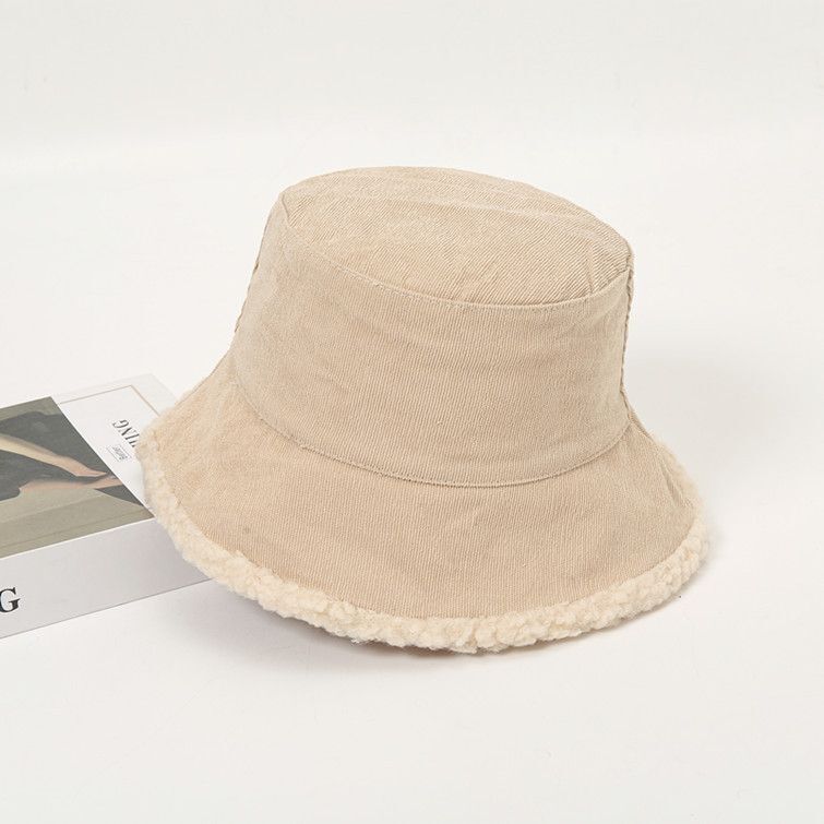 Women Winter Bucket Hat Warming Panama Cap Lady Fluffy Corduroy Double-Side Wear