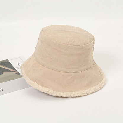 Women Winter Bucket Hat Warming Panama Cap Lady Fluffy Corduroy Double-Side Wear