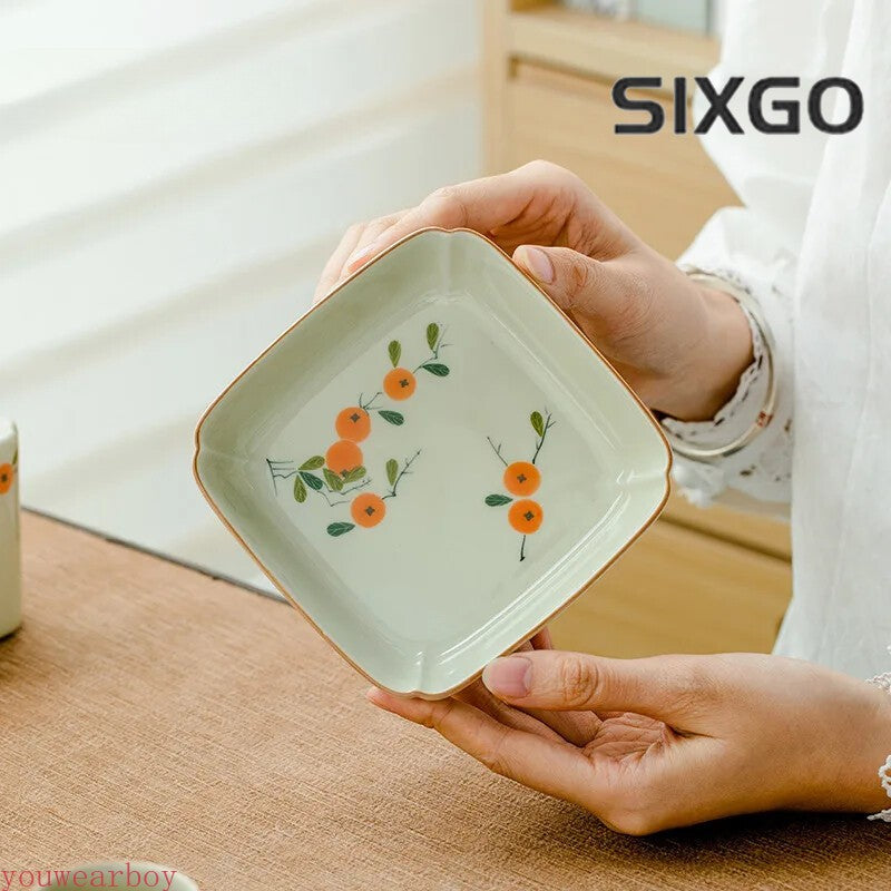 HandPainted Persimmon Ceramic Plate Trivet Holder Fruit Plate Tea Tray