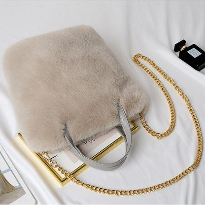 Fluffy Tote Bag Sling Chains Shoulder Strap Crossbody Faux Fur Bucket Handbag