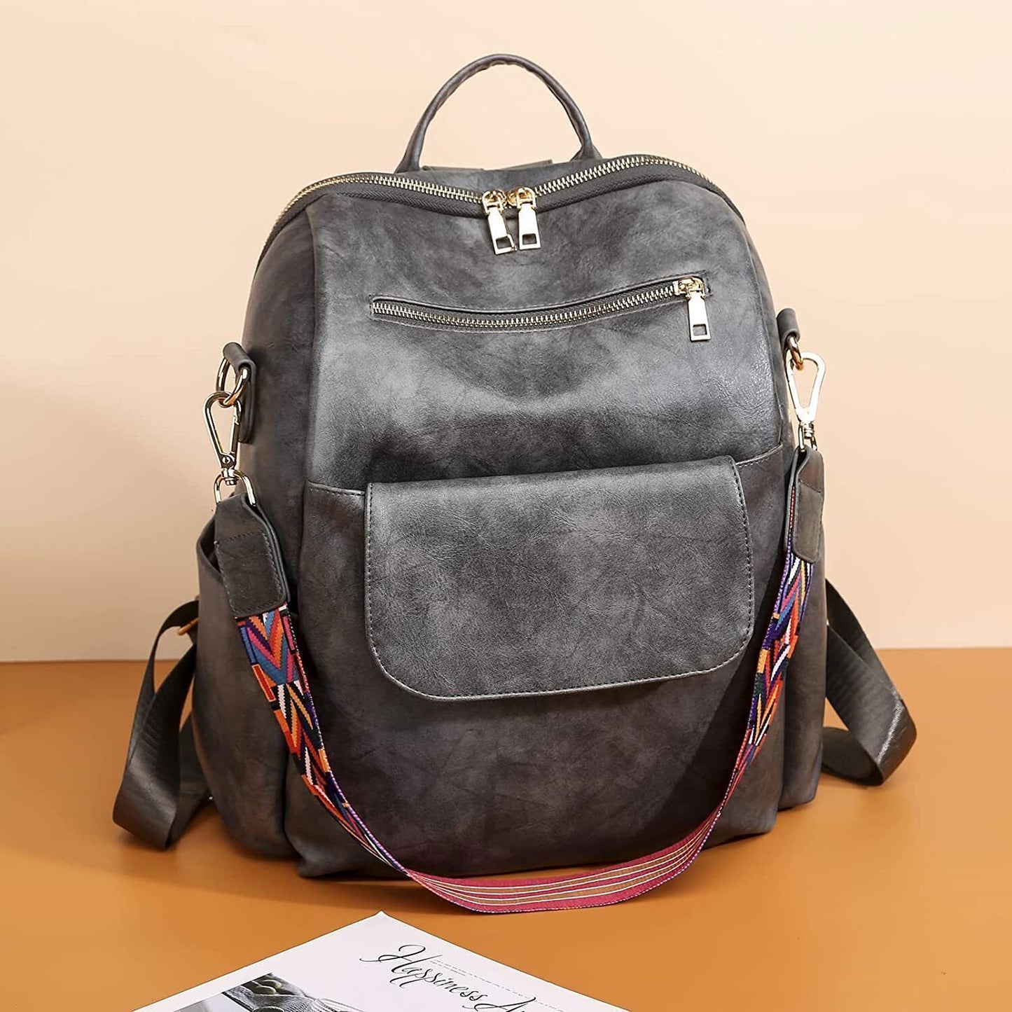 Women's PU Leather Vintage Backpacks Travel Satchel Large Capacity Bag