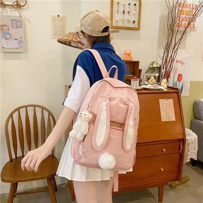 Backpack White School Bag Rabbit Tail Bag Large Waterproof 29*12*40 CM Traveling