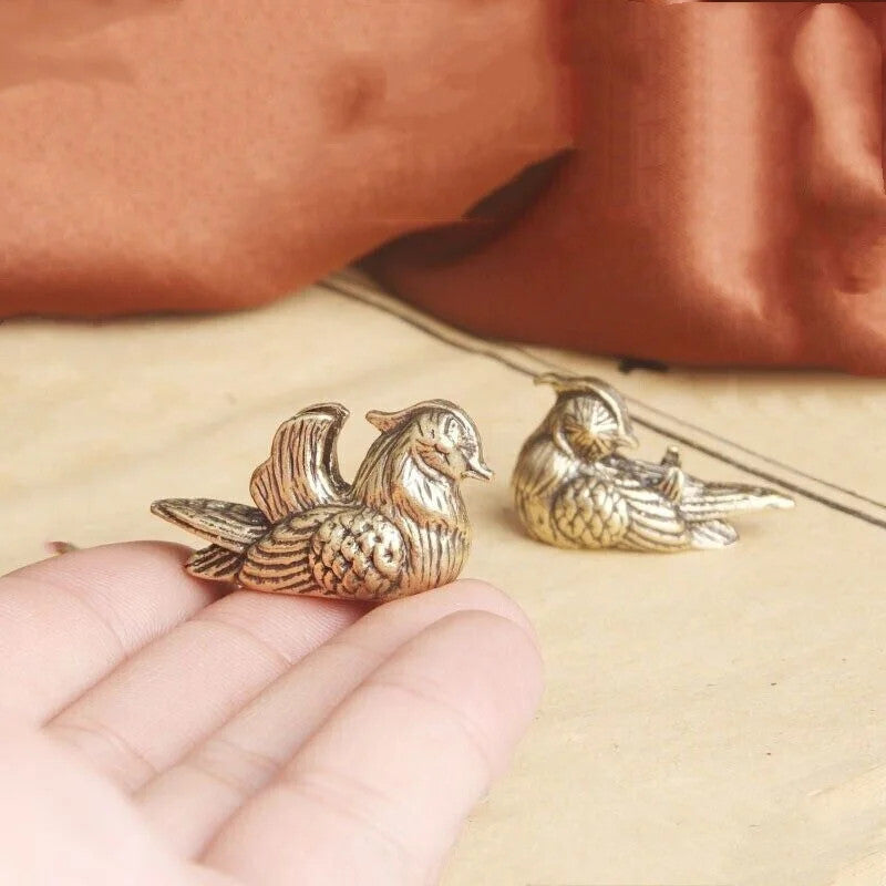 1 Pair Small Brass Mandarin Ducks Statue Feng Shui Love Figurine Decor