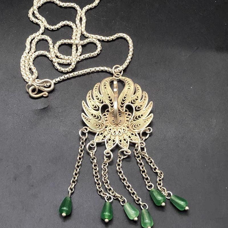Vintage Peacock Filigree Pendant Necklace Silver-Plated 33cm Long Sweater Chain