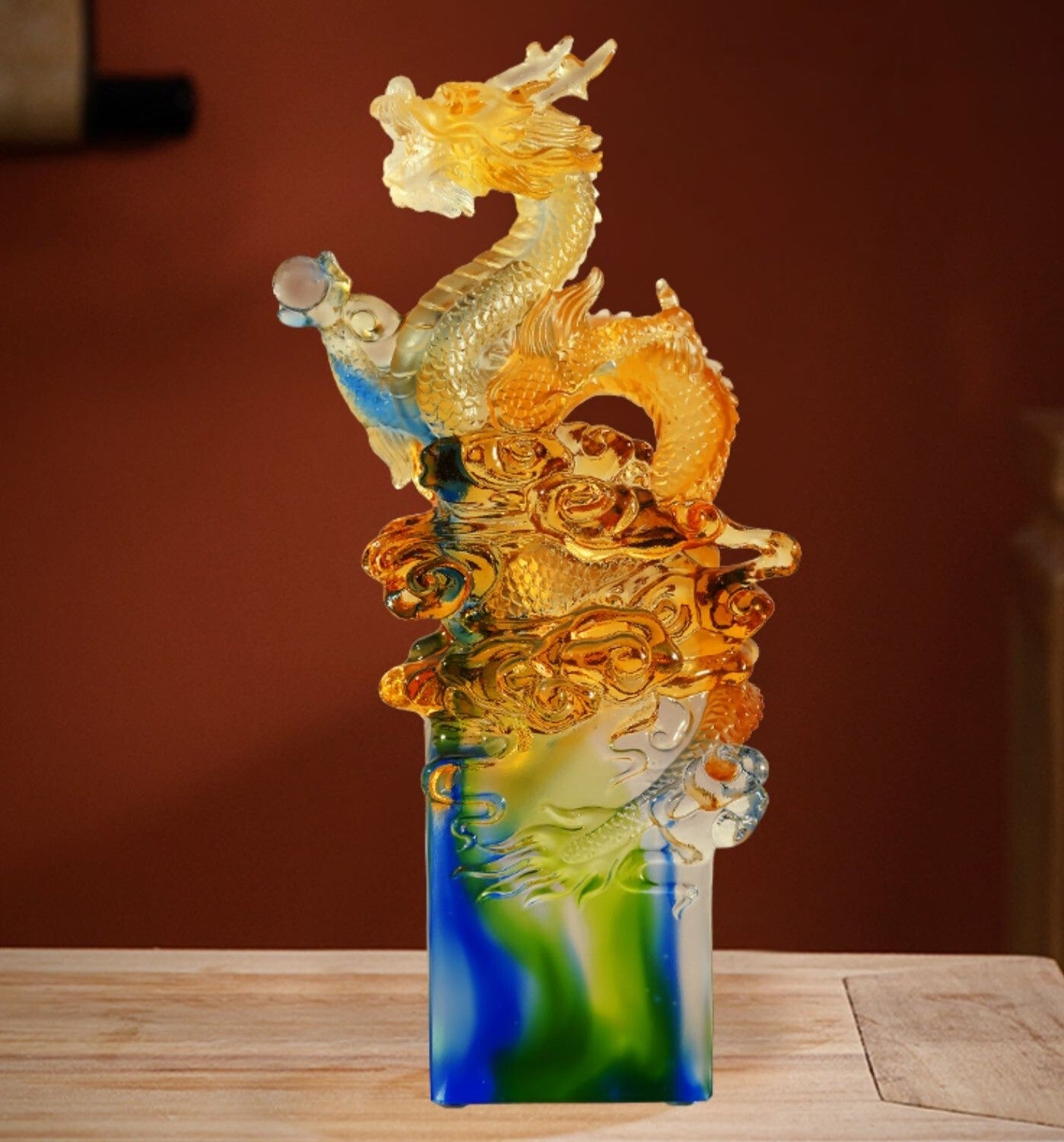 Office Decor Liu Li Crystal Chinese Dragon Stamp Statue