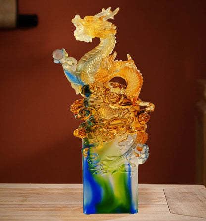 Office Decor Liu Li Crystal Chinese Dragon Stamp Statue