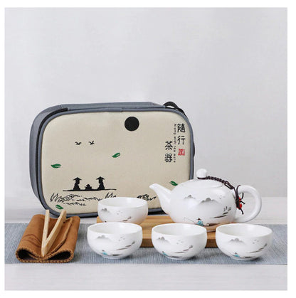 Ceramic Kung Fu Travel Tea Set Teapot Canister 4 Cups Tray Clip Towel Bag Gift