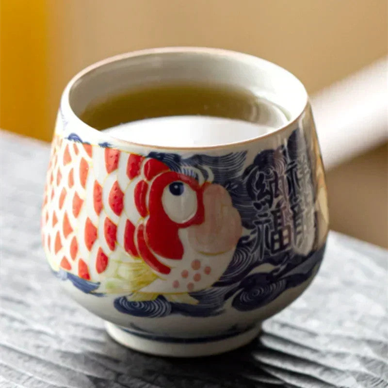 120ml Chinese Blue and White Ceramic Handpainted Koi Fish Tea Cup Master Cup
