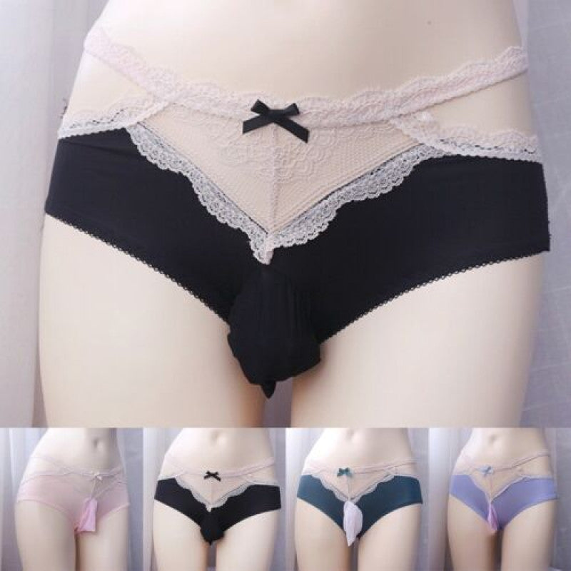 Men's Lace Bow G-String Sissy Pouch Panties Bikini Briefs Underwear Underpants