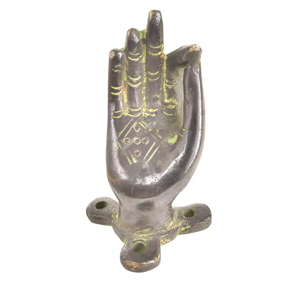 Set of 2 Antique Look Patina Brass Door Handles With Buddha Meditating Hand