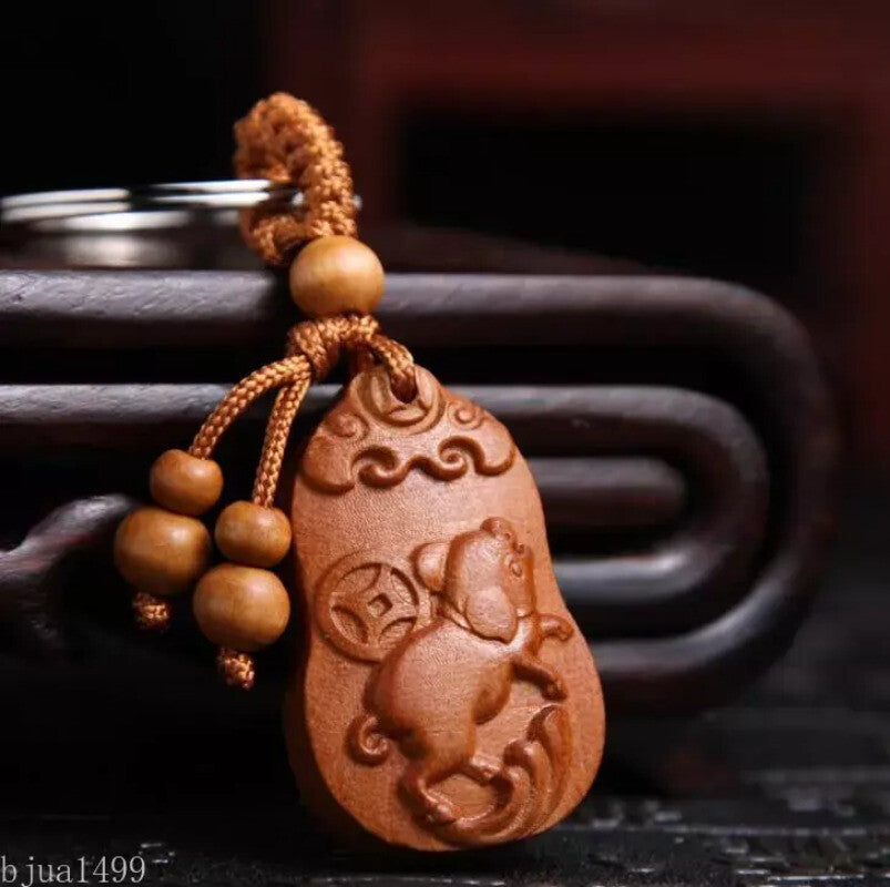 Chinese Peach Wood Carved Word Blessing Auspicious Word Twelve Zodiac Animals Pi