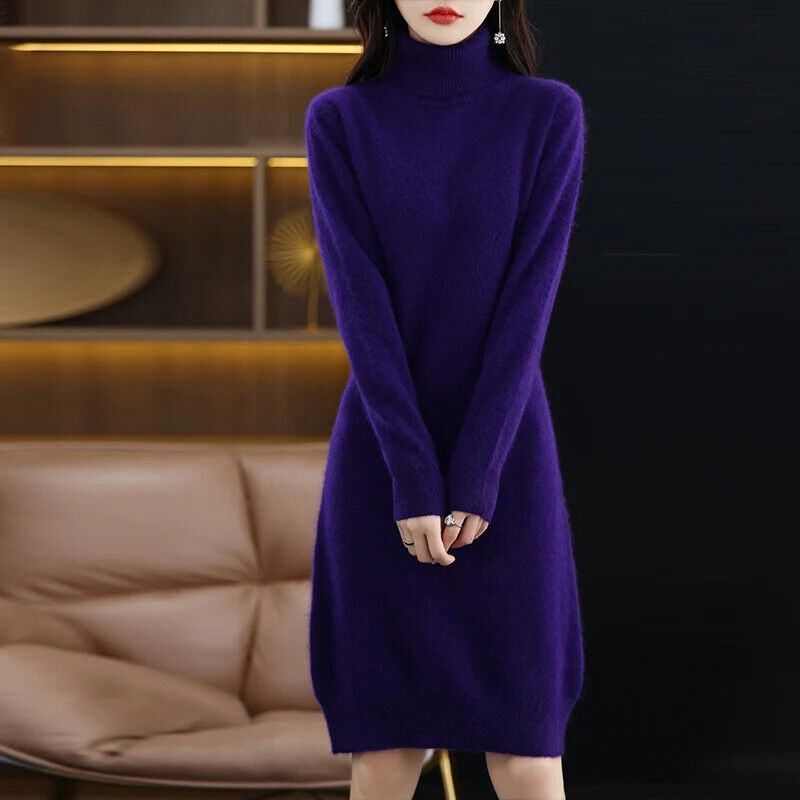 Women's High Back Collar Long Sweater Casual Long Sleeve Dress