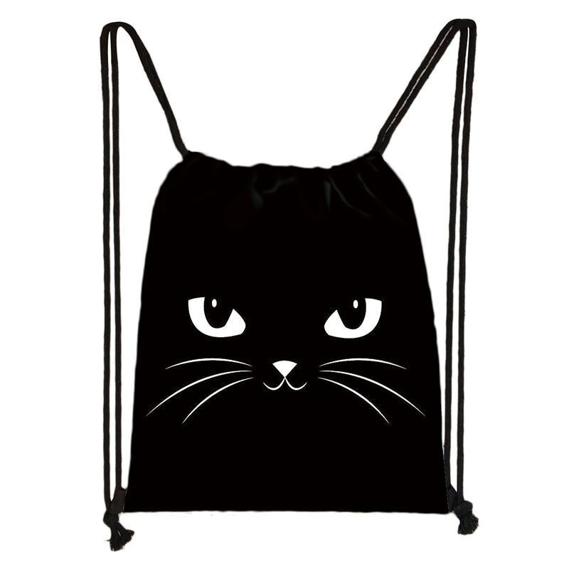 Black Cat Drawstring Bag Women Shopping Purse Canvas Travelling Bag Backpack 1PC