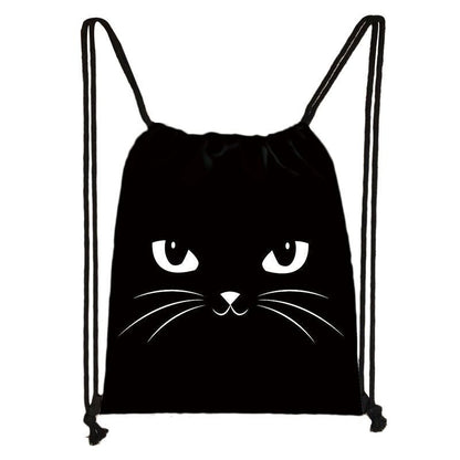 Black Cat Drawstring Bag Women Shopping Purse Canvas Travelling Bag Backpack 1PC