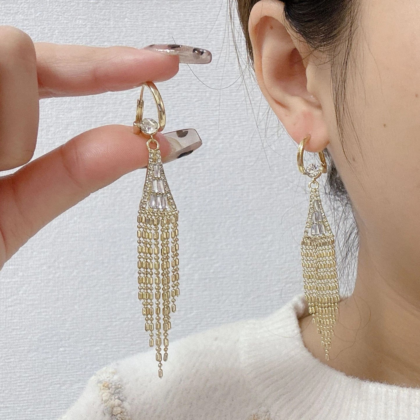 Glamorous Sparkling Tassel Dangle Earrings - Paved with Radiant Zirconia