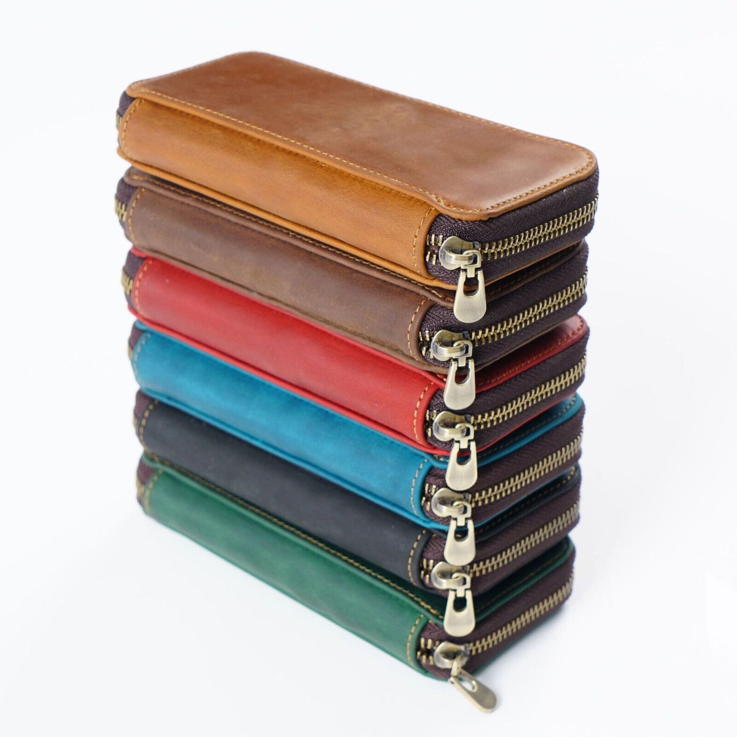 Handmade Cowhide Leather Zipper Pen Case, Pencil Case Stationery Storage Bag