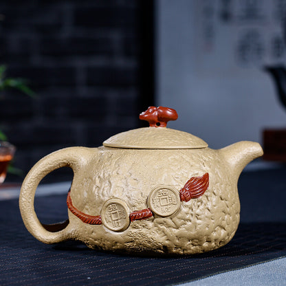 Handmade Tea Pot 9 Infuser Holes Yixing Zisha Duan Clay Frog Carved Relief Pot