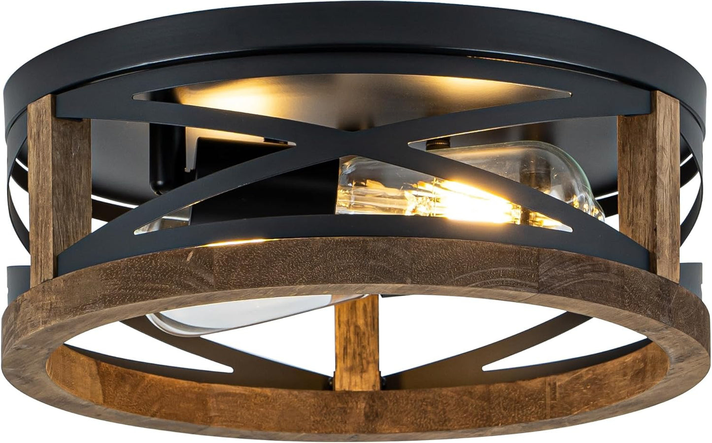 Farmhouse Ceiling Light, 2-Light round Flush Mount Ceiling Light with Wood and M