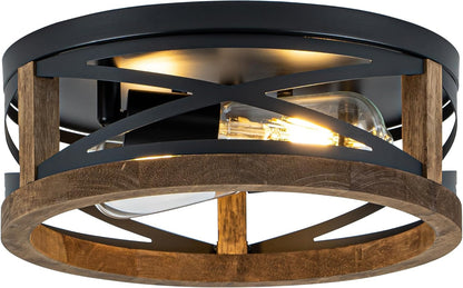 Farmhouse Ceiling Light, 2-Light round Flush Mount Ceiling Light with Wood and M
