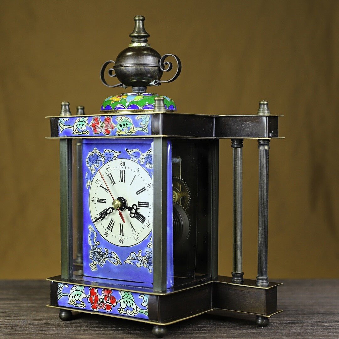 8.07" China Cloisonné Bronze Colour Enamels Flower Column Mechanical Desk Clock