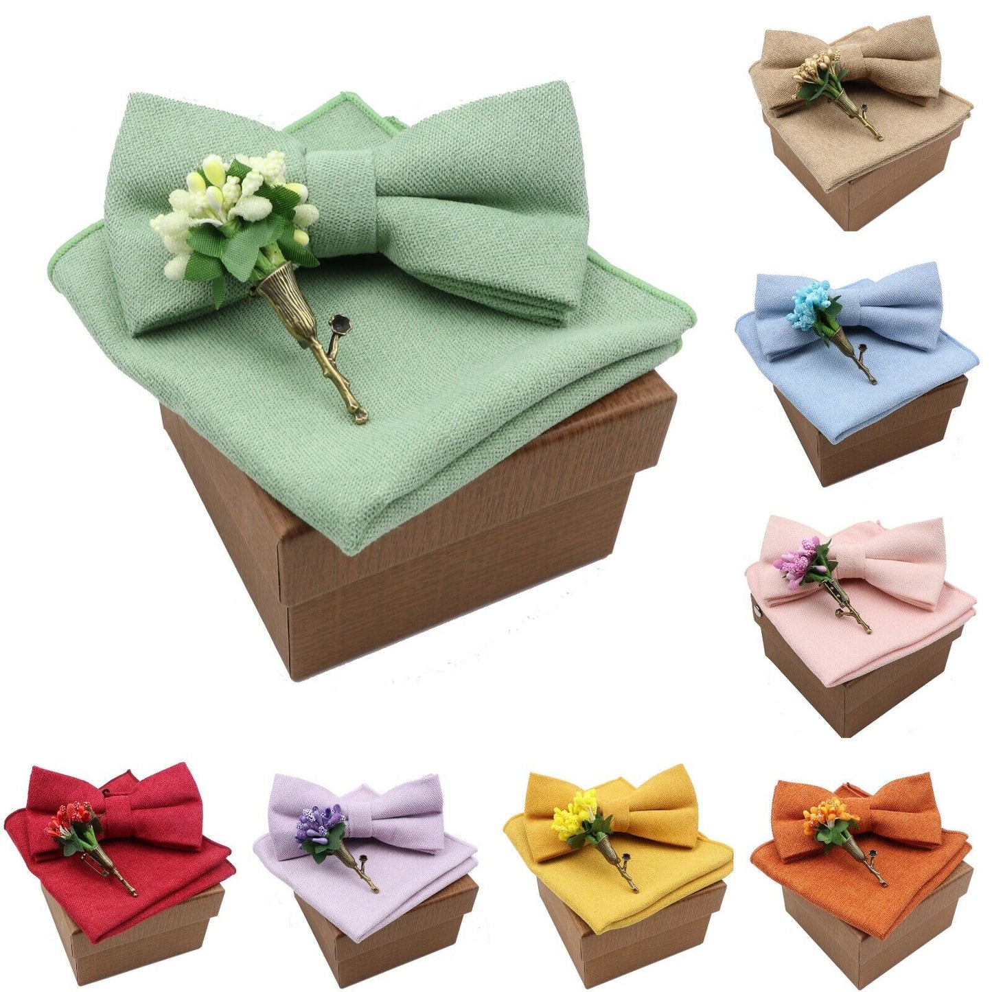 Men Bow Ties 3Pcs Cotton Handkerchief Flower Brooch Women Party Wedding Necktie