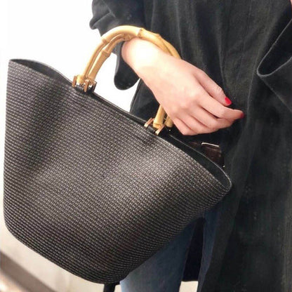Fashion Bag Shoulder Striped Straw Bamboo Handle Handbag Woven Bags Purse Hasp