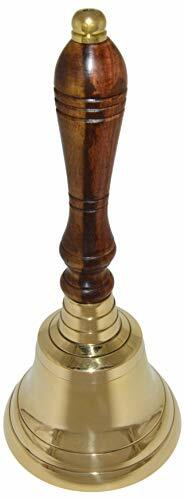 Large School Bell, Polished Brass Metal Handbell, Gold Color with Wooden Handle