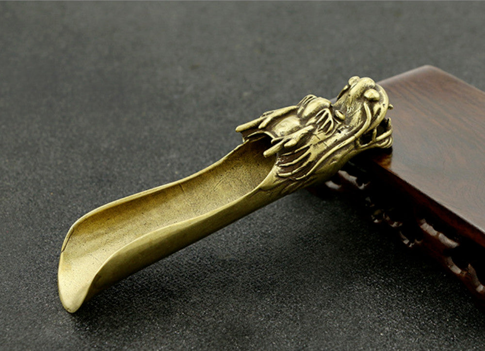 12CM Collection Curio China Bronze Dragon Head Gongfu Tea Spoon Small Statue
