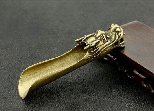 12CM Collection Curio China Bronze Dragon Head Gongfu Tea Spoon Small Statue